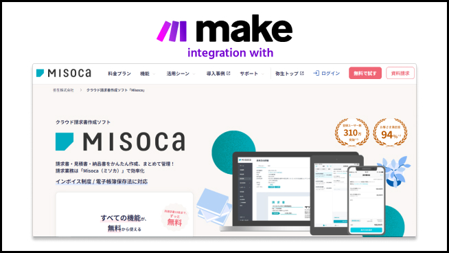 Make.comのロゴとmisocaのスクリーンショット